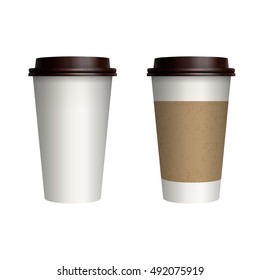 Take-out coffee with brown cap and cup holder. Isolated on white background. Vector Illustration.