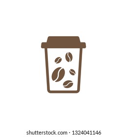 take-out coffee with cap and beans. disposable cardboard cup of coffee. Paper container icon. Isolated on white background. Vector outline Illustration. Fast food business lunch picrogram.