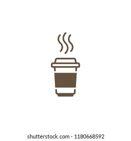 take-out coffee with cap, cup holder and steam. disposable cardboard cup of coffee. Paper container icon. Isolated on white background. Vector outline Illustration. Fast food business lunch picrogram.