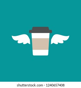 take-out coffee with cap, cup holder and wings. disposable cardboard cup of coffee. Paper container icon isolated on blue. Vector outline Illustration. Fast food, lunch delivery picrogram.