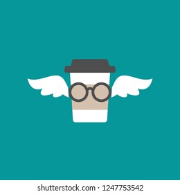 take-out coffee with cap, cup holder and wings and glasses. disposable cardboard cup of coffee. Paper container icon isolated on blue. Vector outline Illustration. Fast food, lunch delivery picrogram.