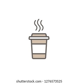 take-out coffee with cap, cup holder and steam. disposable cardboard cup of coffee. Paper container icon. Isolated on white background. Vector outline Illustration. Fast food business lunch picrogram.