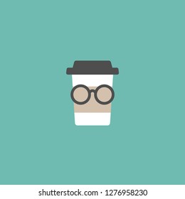 take-out coffee with cap, cup holder and glasses. disposable cardboard cup of coffee. Paper container icon isolated on blue. Vector outline Illustration. Fast food, lunch delivery picrogram.
