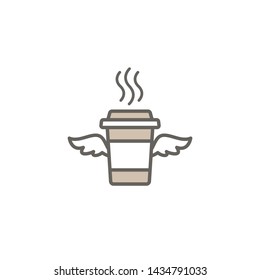 take-out coffee with cap, cup holder and wings. disposable cardboard cup of coffee. Paper container icon isolated on white. Vector outline Illustration. Fast food, lunch delivery picrogram.
