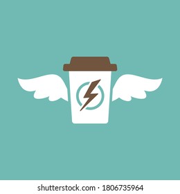 Kaffee zum Mitnehmen mit Kappe, Tasse und Flügel. Einwegkarton-Tasse Kaffee. Papiercontainer-Symbol einzeln auf Blau. Vektorgrafik-Skizze. Fast Food, Lunch Delivery Pikrogramm.