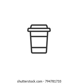 Take-out Coffee With Cap And Cup Holder. Disposable Cardboard Cup Of Coffee. Paper Container Icon. Isolated On White Background. Vector Outline Illustration. Fast Food Business Lunch Picrogram.