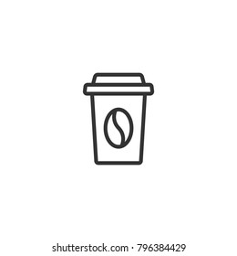 take-out coffee with cap and coffee seed. disposable cardboard cup of coffee. Paper container icon. Isolated on white background. Vector outline Illustration. Fast food business lunch picrogram.