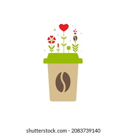 take-out coffee cup with green leaves and flowers. Eco disposable cardboard cup of coffee. Natural paper container icon isolated on white. Vector outline Illustration. Fresh fast food, lunch delivery