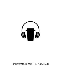 take-out coffee with headphones or headset. disposable cardboard cup of coffee. Paper container icon isolated on white. Vector Illustration. lunch and music. study  with energy.