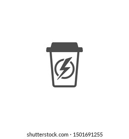 take-out coffee with lightning bolt. disposable cardboard cup of coffee. morning energy icon. Isolated on white background. Vector  Illustration. Fast food business lunch picrogram.