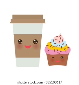 Take-out coffee in Paper thermo coffee cup with brown cap and cup holder, chocolate cupcake. Kawaii cute face with eyes and smile  Isolated on white background. Vector