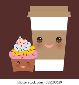 Take-out coffee in Paper thermo coffee cup with brown cap and cup holder, chocolate cupcake. Kawaii cute face with eyes and smile on dark brown background. Vector