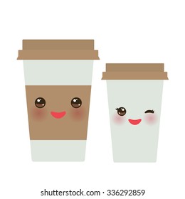 Take-out coffee in Paper thermo coffee cup with brown cap and cup holder. Kawaii cute face with eyes and smile Isolated on white background. Vector