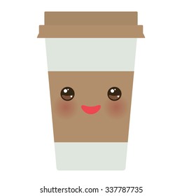 Take-out coffee in Paper thermo coffee cup with brown cap and cup holder. Kawaii cute face with eyes and smile  Isolated on white background. Vector