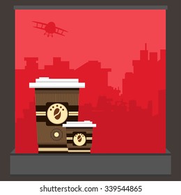 Take-out coffee in thermo caups. Vector illustration of a poster in flat style
