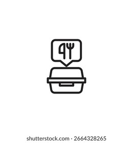 Recipiente de retirada com uma bolha de fala mostrando uma faca e um garfo. Representa comida para levar, comida para o restaurante ou uma refeição pronta para consumo.