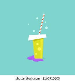 take-out cup with juice, cocktail or soda with straw. disposable cardboard glass. Paper container with beverage icon. Isolated on blue background. Vector  Illustration. summer beach fast food 