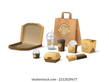 Paquete de comida rápida composición realista con tazas de caja de pizza abierta y bolsa de papel con logotipo de marca ilustración vectorial