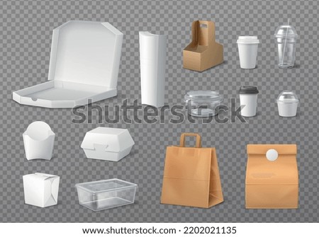 Takeout fastfood package realistic set with isolated images of craft paper bags cups on transparent background vector illustration