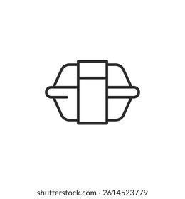 Takeout food container icon in line art style. Minimalist black outline of a closed food box with a wrapper. Vector illustration