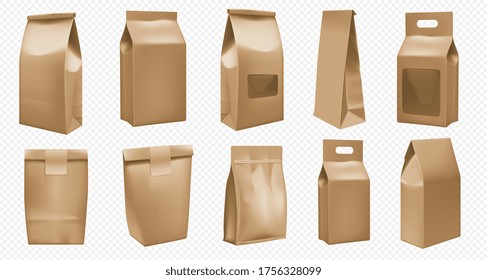 Takeout food craft package template. Brown bag mockup for pack design. Realistic takeaway fast food pouch mock up set isolated. Blank paper box for coffee and tea. Handle cardboard container