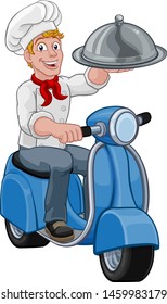 A takeout food delivery chef cartoon character man on a scooter or moped motorbike