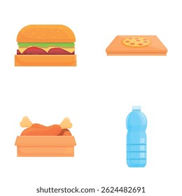 Takeout food icons set cartoon vector. Pizza, burger, fried chicken and water. Junk nutrition, street food