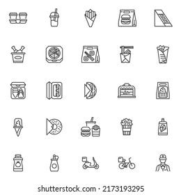 Take-out food line icons set. linear style symbols collection, outline signs pack. Takeaway food vector graphics. Set includes icons as delivery man, coffee, french fries box, burger, pizza, sushi 