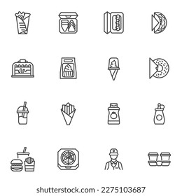 Take-out food menu line icons set, outline vector symbol collection, linear style pictogram pack. Signs, logo illustration. Set includes icons as take away food service, delivery man, pizza, dessert