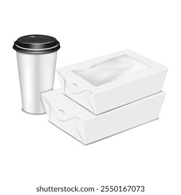 Takeout food packaging set. 3d mockup. White blank paper takeaway coffee cup with black plastic lid, paperboard box containers. Realistic vector mock-up. Take out lunch package. Template for design