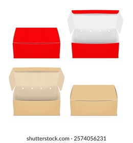 Takeout food paperboard clamshell lunch box. Closed and open. Red and kraft paper. Easy editable. 3d mockup. Takeaway snack container packaging. Realistic vector mock-up. Template for design