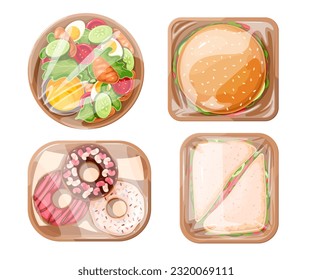 Takeout food in plastic containers set vector illustration. Cartoon isolated takeaway food in vacuum trays, ready to eat fast food collection with sandwiches and donuts, salad and burger packs