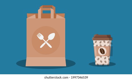 Takeout food, takeway food in brown paper bag, coffee in a disposable coffee cup. Spoon and fork figures on paper bag, coffee bean figure on coffee cup. Fast food delivery concept. Blue background.