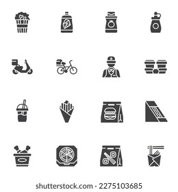 Take-out food vector icons set, modern solid symbol collection, filled style pictogram pack. Signs, logo illustration. Set includes icons as fast food delivery service, pizza, burger, sushi roll