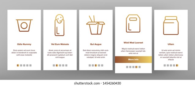 Takeout Food Vector Onboarding Mobile App Page Screen. Takeout, Takeaway Meal and Beverages Linear Pictograms. Fast Food, Chinese Dishes in Paper Disposable Containers, Drinks Illustrations