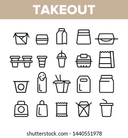 Takeout Food Vector Thin Line Icons Set. Takeout, Takeaway Meal And Beverages Linear Pictograms. Fast Food, Chinese Dishes In Paper Disposable Containers, Drinks In Plastic Cups Contour Illustrations