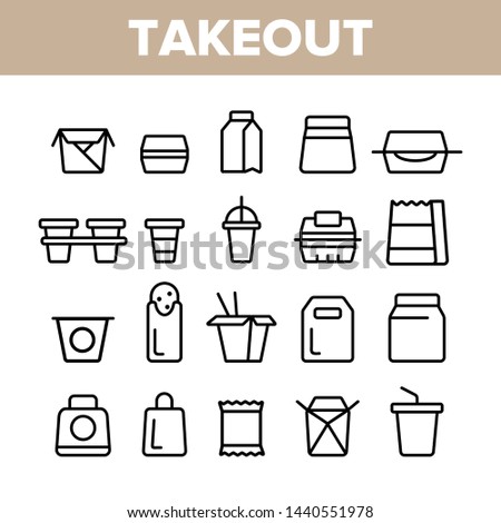 Takeout Food Vector Thin Line Icons Set. Takeout, Takeaway Meal and Beverages Linear Pictograms. Fast Food, Chinese Dishes in Paper Disposable Containers, Drinks in Plastic Cups Contour Illustrations