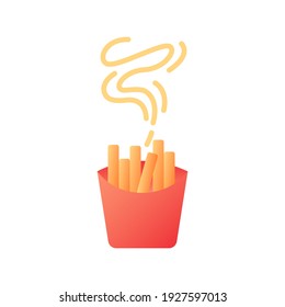 Takeout french fries vector flat color icon. Take away menu. Hot fried potato sticks. Catering service. Fast food delivery. Cartoon style clip art for mobile app. Isolated RGB illustration