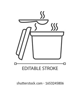 Icono lineal perfecto del recipiente de comida caliente. Ilustración personalizable en línea delgada. Quítate la sopa con cuchara. Comida cómoda, paquete de comida instantánea. Dibujo aislado del vector. Trazo editable