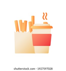 Icono de color plano vectorial del menú de extracción. Patatas fritas con bebida caliente. Patatas fritas, café al vapor para ir. Entrega rápida de comida. Dibujo de dibujos animados para aplicaciones móviles. Ilustración RGB aislada