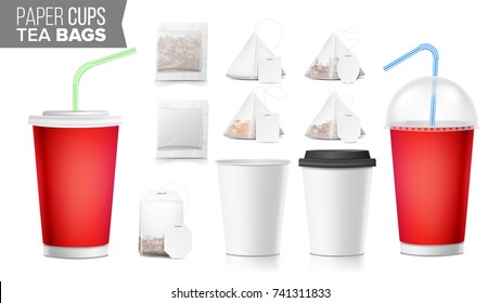 Take-out Ocher Paper Cups, Tea Bags Mock Up Vector. Big Small Coffee Cup. Cola, Soft Drinks Cup Template. Tube Straw. 3D Cardboard Object. Isolated Illustration
