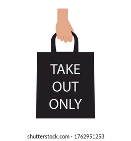 sólo de salida, signo que contiene una mano sosteniendo una bolsa con la frase sólo sacar, ilustración vectorial.