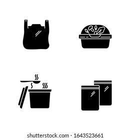 Takeout Packages Black Glyph Icons Set On White Space. Plastic Bag With Handles, Container With Lid For Salad, Zip Packet, Hot Food Takeaway Package. Silhouette Symbols. Vector Isolated Illustration