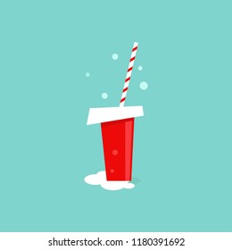 take-out red cup with juice, cocktail or soda with straw. disposable cardboard glass. Paper container with beverage icon. Isolated on blue background. Vector  Illustration. winter fast food 