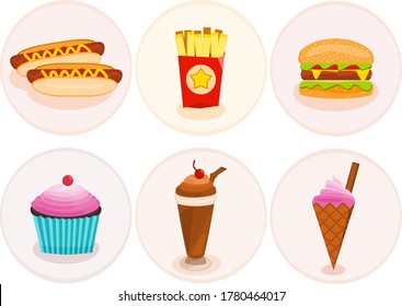 Takeout set of icons/badges. Fun images of junk food. 				Colourful. Vector Illustration.