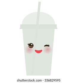 Take-out smoothie transparent plastic cup with straw and whipped cream. Kawaii cute face with eyes and smile  Isolated on white background. Vector