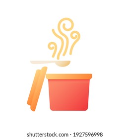 Takeout soup vector flat color icon. Steaming curry in box for take away. Fast food delivery. Catering menu. Asian cuisine. Cartoon style clip art for mobile app. Isolated RGB illustration