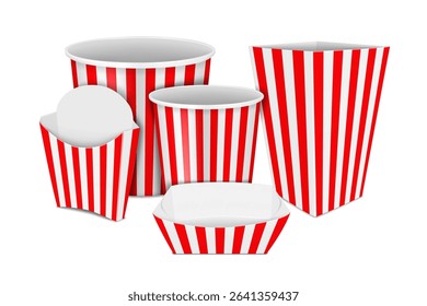 Takeout street food paper packaging. Mockup set. Red and white striped design. Easy editable template. Takeaway snack paperboard container kit. Bucket, bowl, box, bag, tray. Realistic vector mock-up