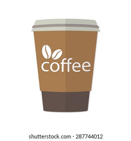 Take-out or takeaway coffee cup with image of coffee beans. Vector illustration of espresso in cardboard container isolated on white background.