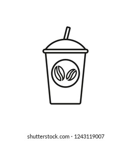 Take-out or takeaway coffee cup with straw line icon. Coffee cardboard container or disposable glass with coffee beans logo. Vector illustration.